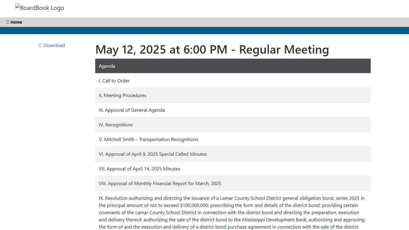 Public Meeting Agenda: May 12, 2025 at 6:00 PM - Regular Meeting - BoardBook Premier
